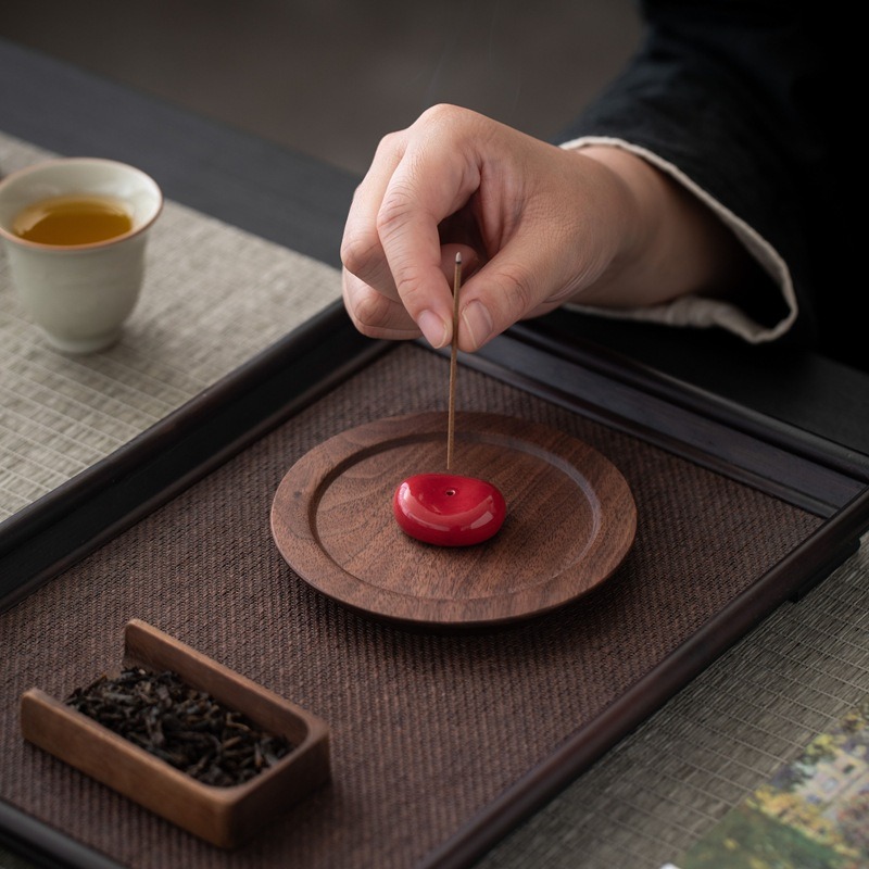 Mini Red Ceramic Incense Stick Holder on Walnut Tray for Tea Ceremony