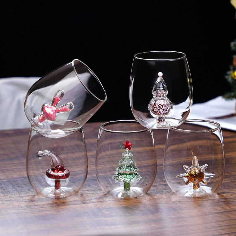 Christmas 3D Figurine Stemless Wine Glass Set with Handcrafted Festive Designs