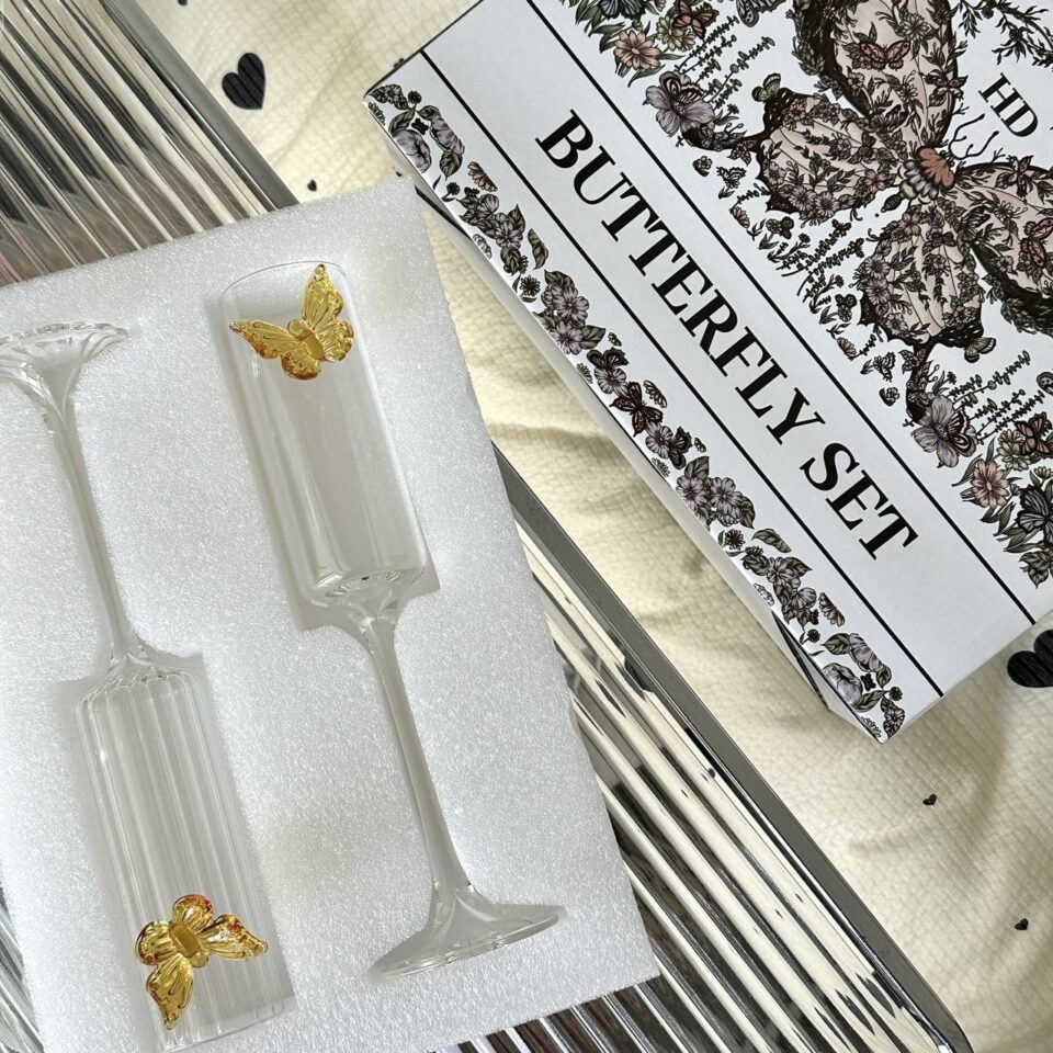 Coquette Pink Bow Ribbed Champagne Flute Gift Set in Luxury Butterfly Box