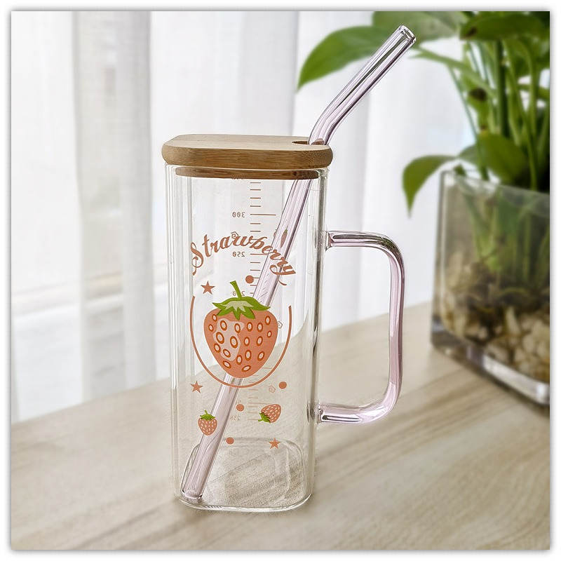 Cute Pear Pattern Glass Tumbler with Bamboo Lid, Glass Straw & Measurement Marks