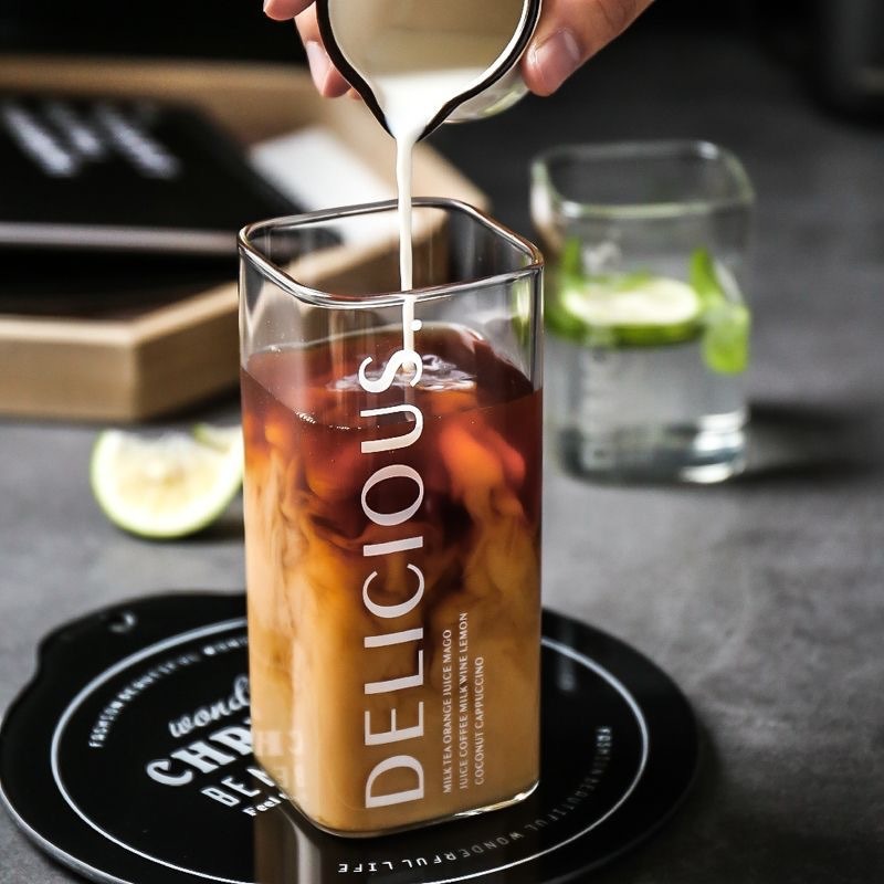 Square Glass Iced Coffee Cup with Milk Pour for Iced Latte
