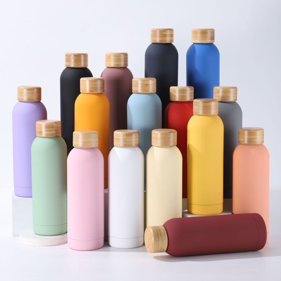 Matte Pastel Stainless Steel Vacuum Insulated Water Bottle Set with Natural Bamboo Lid