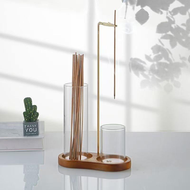 Upside Down Wood and Glass Incense Holder with Storage for Mess-Free Home Rituals